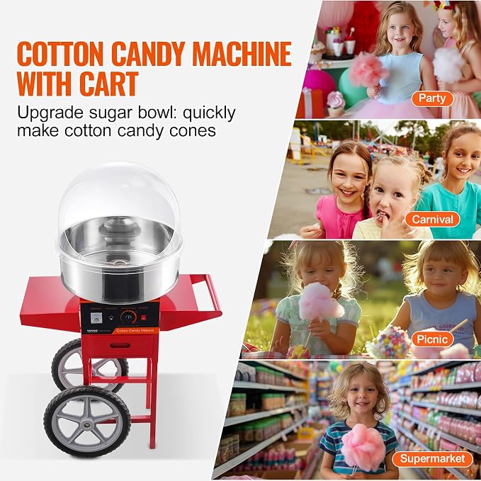 VEVOR Electric Cotton Candy Machine Cart with Cover, Commercial Floss Maker w/Stainless Steel Bowl, Sugar Scoop and Drawer, Perfect for Home, Carnival, Kids Birthday, Family Party, Red