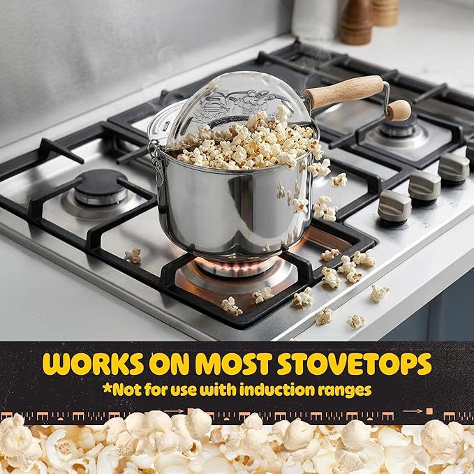 Stovetop Popcorn Maker - 6.5-Quart Stainless-Steel Popcorn Popper with a Hand Crank, Vented Lid, and Stir Paddle by Great Northern Popcorn (Silver)