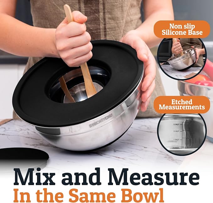 Priority Chef 6pc Stainless Steel Mixing Bowls with Lids Set, 7 Qt, Black | 6pc Non-slip nesting bowls 1-7 qt, 3 graters & interior measurement marks; for meal prep, baking & airtight fridge storage
