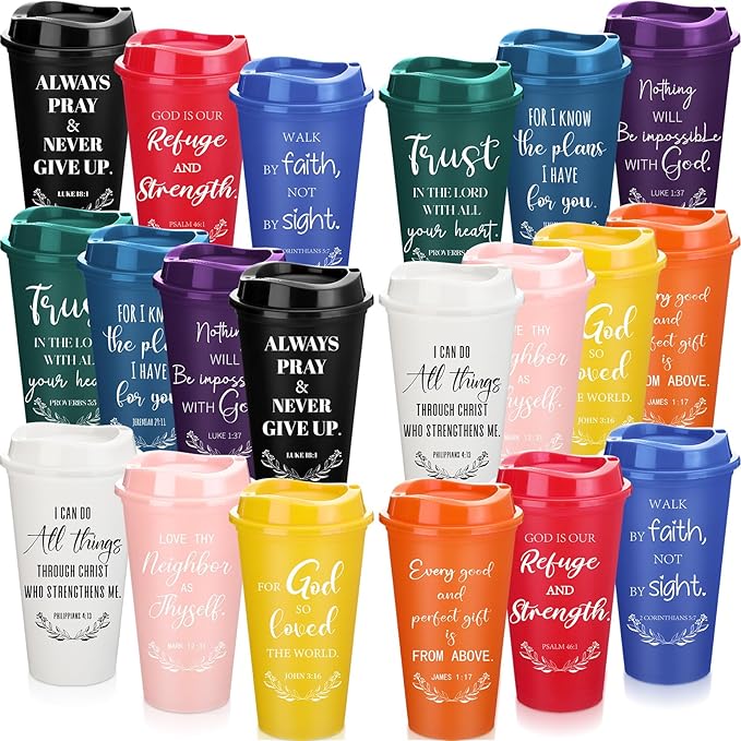 Skylety 40 Pack Bulk Christian Gifts for Men Women 16oz Reusable Bible Verse Tumbler Plastic Coffee Cup with Lid Inspirational Religious Church Gift for Teacher Graduation Party Favor (Multicolor)