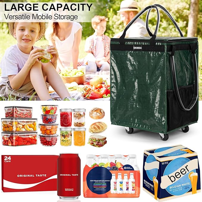 (Medium,Green) Reusable Grocery Bag on Wheels, Foldable Rolling Tote, Carries Up to 66 lbs Shopping Trolley, Zipper Clouser Shopping Carts for Trips, Laundry, 4 Heavy Duty Wheels and 3 Handles