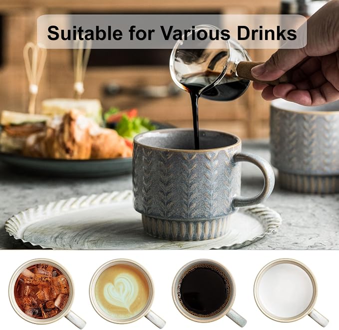 Miamolo Coffee Mugs Set of 4 with Stand and Spoons, Dishwasher Safe | Stackable, 13oz, for Espresso Drinks Latte Cappuccino Tea, Ceramic Coffee Cup for Housewarming Birthday Gift, Rustic