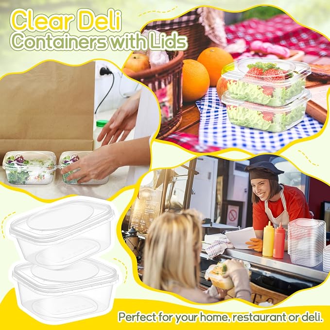 50 Pack 8 oz Deli Containers with Lids, Tamper Proof Leak Resistant Clear Plastic Food Storage Containers, Airtight Meal Prep Container for Soup Salad Tiramisu, Microwave & Dishwasher Safe
