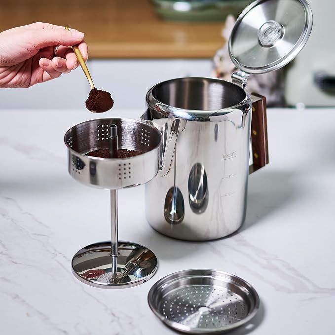 ZOWIE KING Camping-Fire Coffee Percolator Stovetop Pot- Stainless Steel Stove top Coffee Pot, Unleash Flavor in the Great Outdoors (9 Cups)