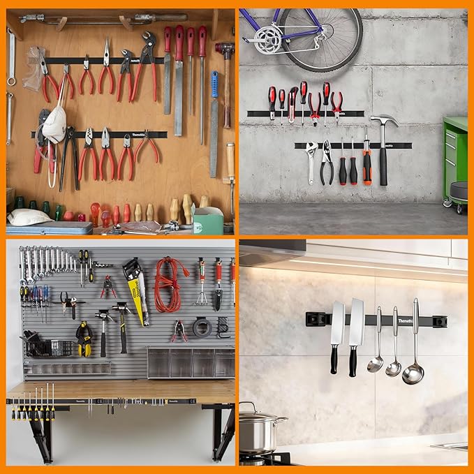 18" Magnetic Tool Holder Strip, 4 Pieces Black Metal Tool Organizer Rack with Stainless Steel Surface, Magnet Bar for Garage Workshop, Easy To Install with Mounting Screws