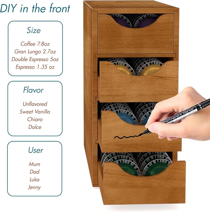 Suli Coffee Pod Holder, Coffee Capsule Storage Organizer, Save Space Coffee Pod Organizer for Countertop, Extra Large Storage Rack with Drawer, 4 Tier,104 Pods,Wood,Brown