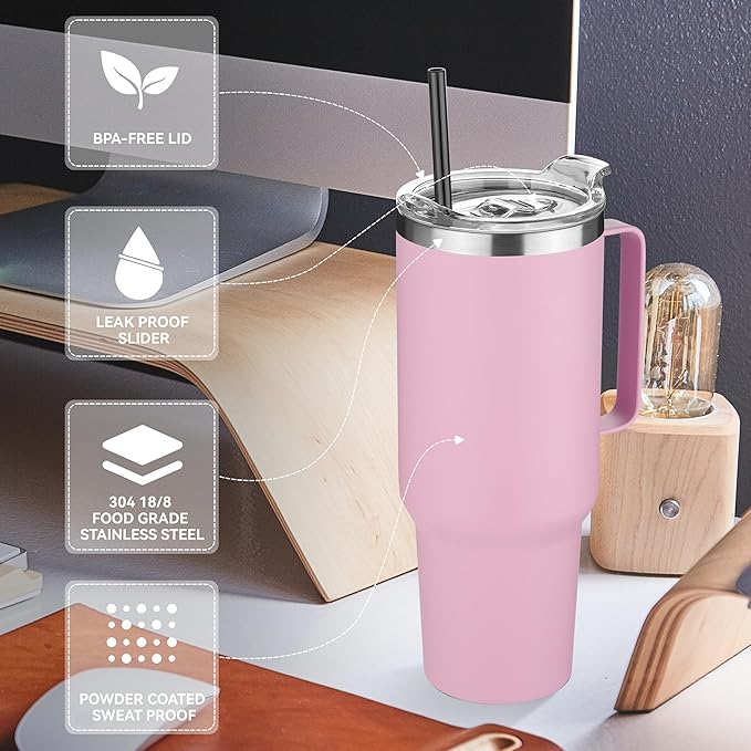 HASLE OUTFITTERS 40 oz Stainless Steel Tumbler with Handle, Vacuum Insulated Tumblers Bulk, Reusable Double Wall Travel Coffee Mug, Durable Powder Coated Water Bottle(Pink, 1)