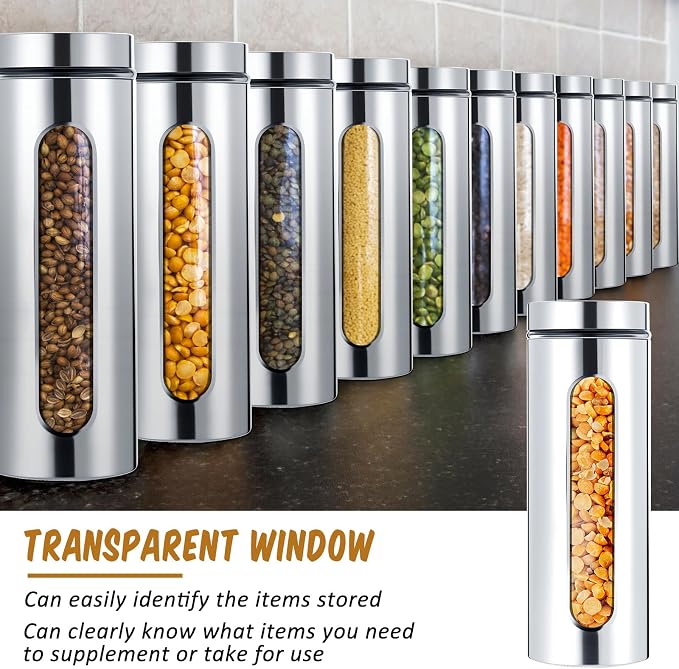 Mimorou 6 Pack Kitchen Canisters Set Airtight Coffee Sugar Tea Candy Storage Jars with Window Glass Stainless Steel Containers with Lids for Flour Cookies Spices Grains Kitchen Decorations (60 oz)