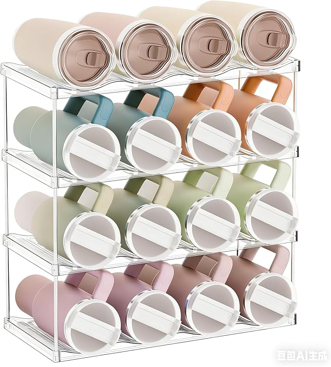 Yieach 4 Tier Waterbottle Organizer for Cabinet - Large Compartment Stackable Water Bottle Holder and Wine Bottle Rack,Acrylic Water Bottle Organizer Rack for 40 oz Stanley Cup,Yeti and Tumbler Shelf