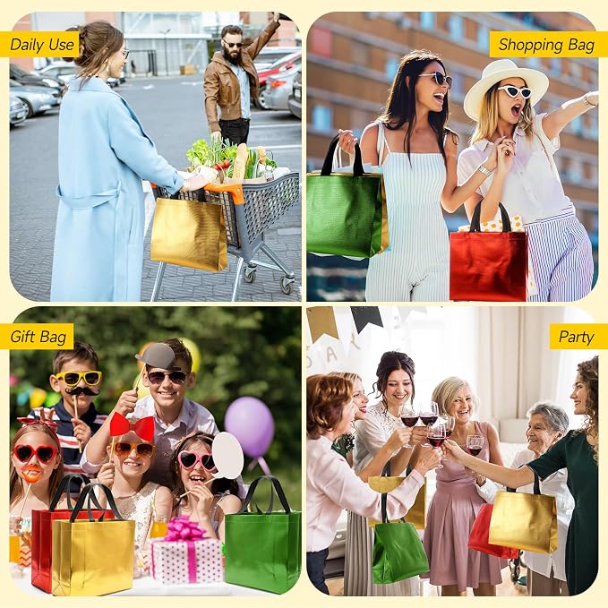 Eccliy Reusable Gift Bags Set Glossy Grocery Gift Tote Bag with Handle for Wedding, Bridal Shower, 4th of July, Summer Event(12 x 11 x 4.7 Inch,Red, Gold, Green,80 Pcs)