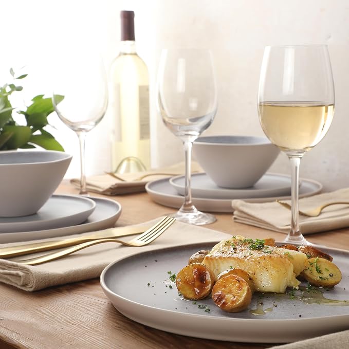 Gibson Elite Coastal Forest Plates and Bowls Sets, 12-Piece Stoneware Dinnerware Sets, Triple Reactive Glaze Dish Set - Light Grey and Cream White