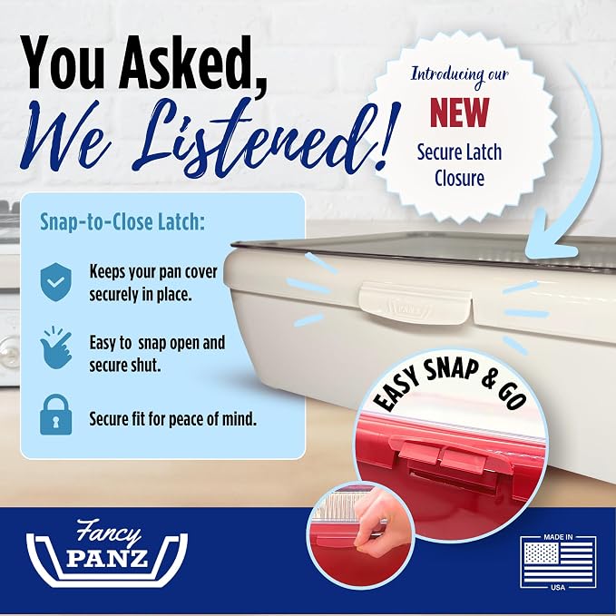 Fancy Panz White Premium Aluminum Foil Pan Carrier with Secure Latch Lid & Hot/Cold Gel Pack - Made in USA Reusable Casserole Carrier for Half Size Pans - Food Transport Holder for Entertaining