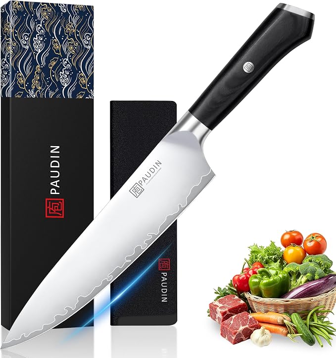 PAUDIN Chef Knife 8 Inch, Ultra Sharp Kitchen Knives 62 HRC, Multi-Layer Damascus Steel Professional Chefs Knife with Full Tang Ergonomic Wood Handle, Meat Vegetable Slicing Knives, Gift for Men Women