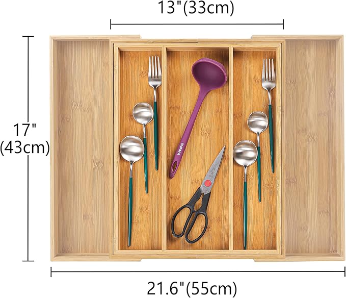 Utoplike 4 pcs Bamboo Kitchen Drawer Dividers 16.8-21.8IN and Bamboo Expandable Kitchen Drawer Organizer, Adjustable Utensil Holder Set