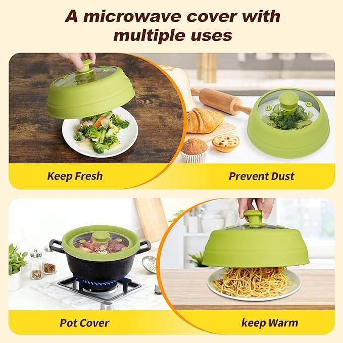 Microwave Splatter cover, Glass Microwave Cover for Food, 11.8 inch Guard Lid with Collapsible Silicone for 6-11 inch Plates & Bowls, Dishwasher Safe, 450°F Heat Resistant, BPA-Free, Green