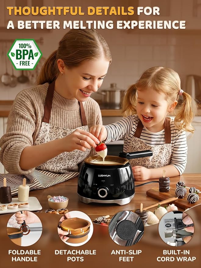 LUSHYUM Electric Chocolate Melting Pot with 2 Insert Pots, 4-Cup Chocolate | Even Heating, Fast Melting, BPA-Free Silicone, Easy Clean, Less Waste, Ideal for Chocolate, Candy Melts, Parties, Fondue