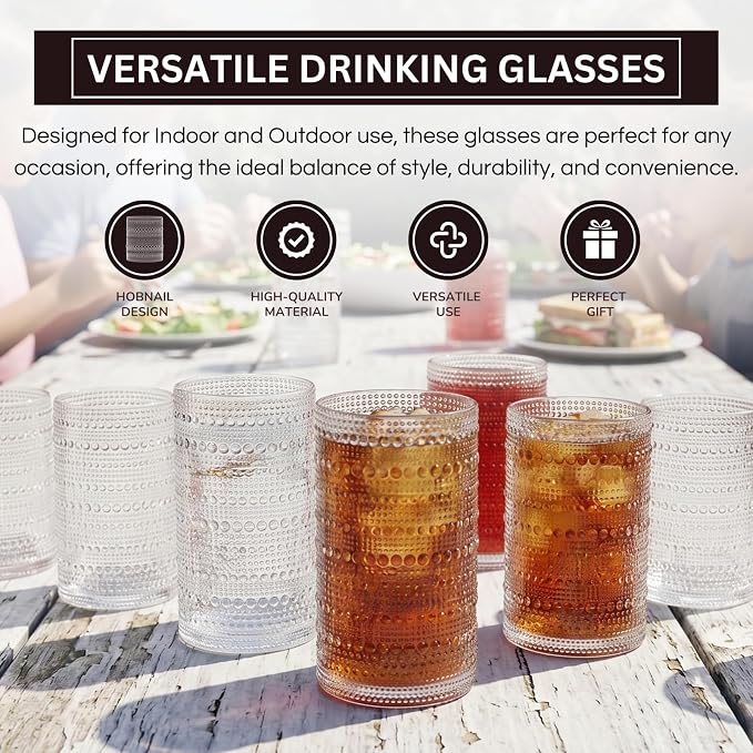 Khen Plastic Hobnail Drinking Glasses Set of 12 Clear Color Cups 6x 10oz Lowball & 6x 1oz Highball Acrylic Beaded Design, BPA-Free, Dishwasher Safe Indoor/Outdoor Drinkware Water, Juice, Cocktails