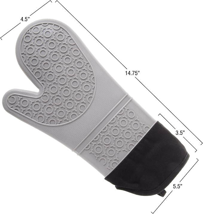 Silicone Oven Mitts – Extra Long Professional Quality Heat Resistant with Quilted Lining and 2-sided Textured Grip – 1 pair Gray by Bedford Home
