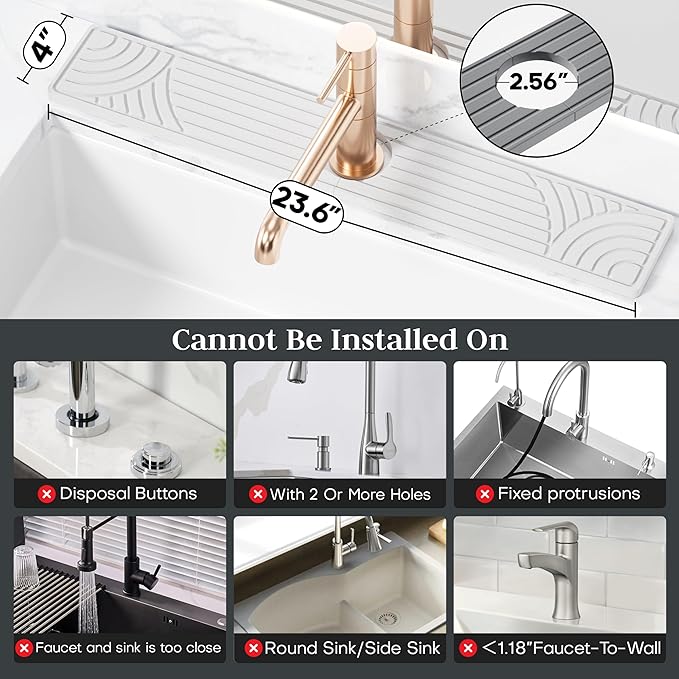 Faucet Mat for Kitchen Sink, Water Absorbing Stone Tray for Sink, 23.6" Long Diatomite Fast Drying Stone Mat, Splash Guard Faucet Mat for Bathroom Counter