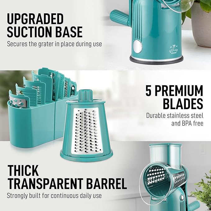 Zulay Kitchen Rotary Cheese Grater 5 Blade Cheese Shredder - Manual Hand Crank Cheese Grater With Reinforced Suction & 5 Interchangeable Drums - Easy to Use, Vegetable Chopper Round Mandoline Slicer