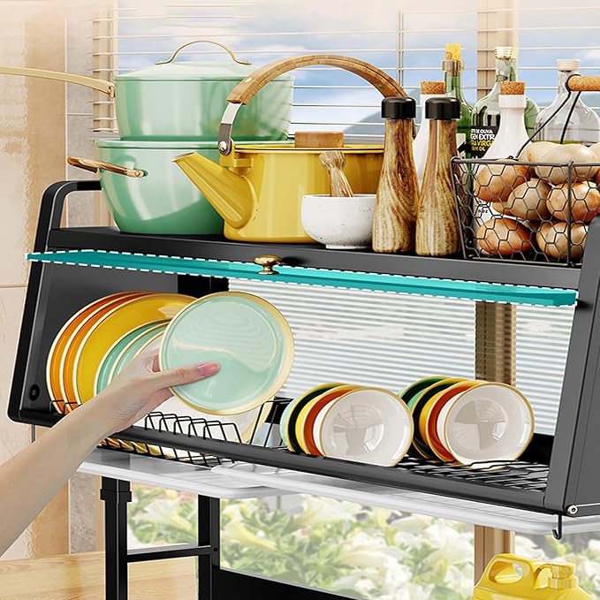 Dish Rack Cabinet Over Sink Standing Dish Drying Rack Dish Drainer Organizer with Adjustable Height Kitchen Large Capacity Kitchen Storage Shelf for Home Kitchen(Black,26.4in (67cm))