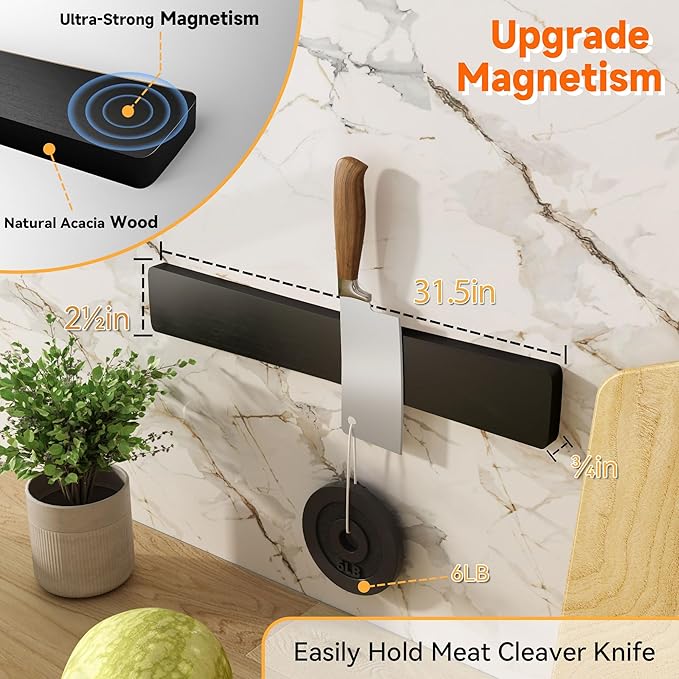Magnetic Knife Holder for Wall, Acacia Wood Knife Magnetic Strip No Drill Knife Magnet Storage Bar Magnetic Tool Key Holder Strip for Kitchen Utensil Organizer (Black, 24 Inch)