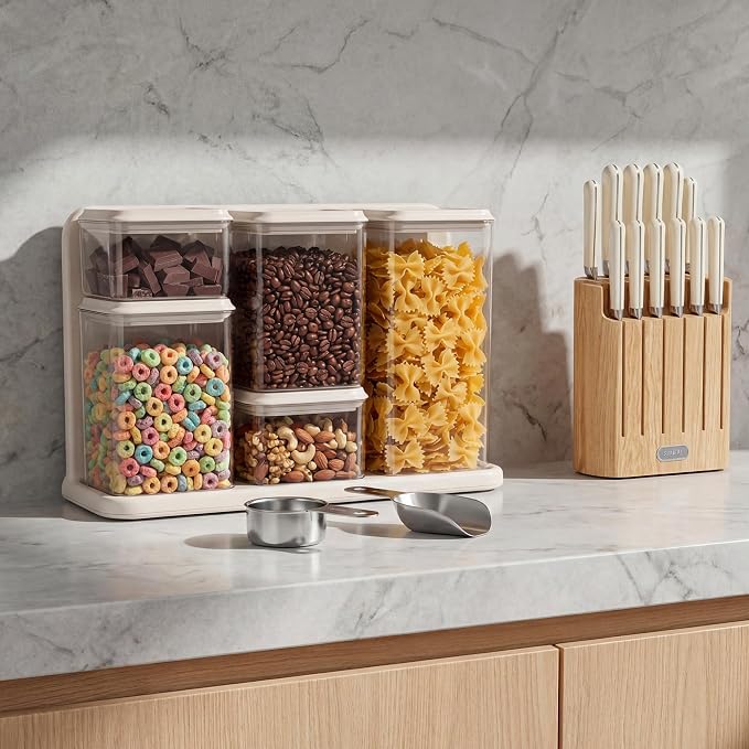 SMIRLY 8-Pcs Airtight Food Storage Containers Set with Countertop Organizer,One-Press Air Tight Pantry Storage Containers, BPA-Free ABS,Stainless Steel Spoon & Scoop for Cereal, Flour, Sugar -white