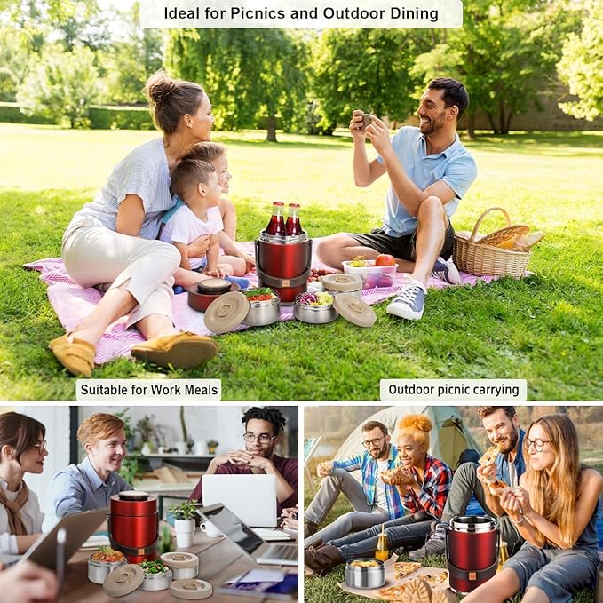 1.5L Bento Box, High Capacity Stainless Steel Portable Bento Box, Hot Food Thermos, Adults Lunch Thermos, 3 Layer Sealed Stackable Food, for Outdoor Office(Red)