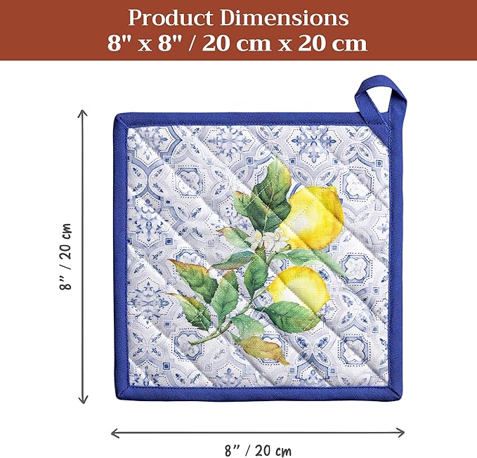 Maison d' Hermine Pot Holders 100% Cotton Heat Resistant Potholders 8" x 8" Hot Pads with Loop BBQ Cooking Baking Gifts for Mothers Day Handling Hot Pans Spring/Summer (Pack of 2, Citrus)