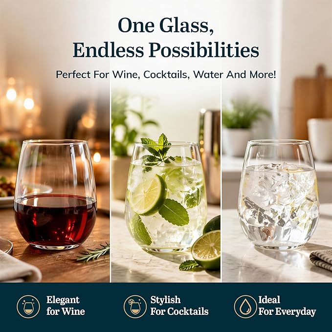 Libbey Stemless Wine Glasses Set of 12, Dishwasher Safe Set Of Wine Glasses, Perfect for Cocktails, Water, and Outdoor Glassware