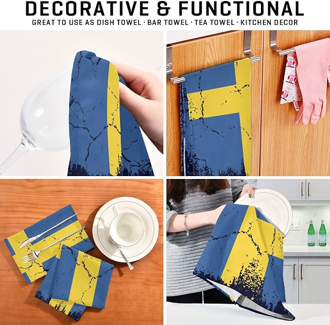 Swedish Flag Flag Grunge Design Kitchen Towels Set with Hanging Loop, Kitchen Hand Towels, Tea Towels, Premium Dish Towels for Kitchen, Quick Drying Kitchen Towel Set 18”x 28”