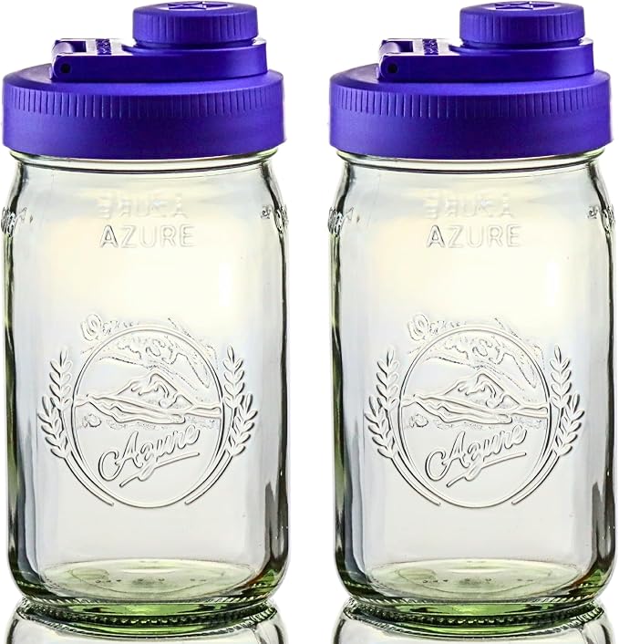 Brewing America Glass Mason Jar Pitcher with Lid - Mason Jars, 1 Quart (32 oz) with Violet Purple Wide Mouth Pour Lid, for Smoothie, Boba Cup, Sun Tea, Cold Coffee Glass Tumbler, 2-Pack