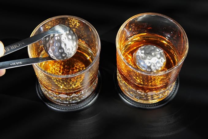 NobleSip® Whiskey GOLF Glasses 𝗣𝗥𝗘𝗠𝗜𝗨𝗠 Set: 2 Glasses, 2 Steel Chilling Balls, 2 Coasters. Best way for a player, fan to enjoy his Old Fashioned Cocktails. Golfer bourbon home bar gift