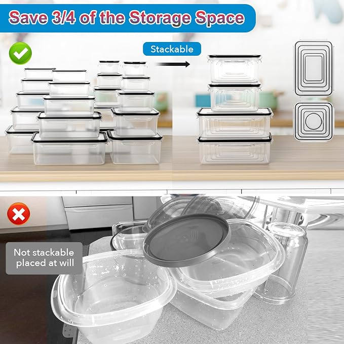 44-Piece Reusable Food Storage Containers with Lids Airtight, Leakproof Plastic Meal Prep Storage Food Grade Kitchen Organizer, Stackable Freezer Containers, Microwave & Dishwasher Safe