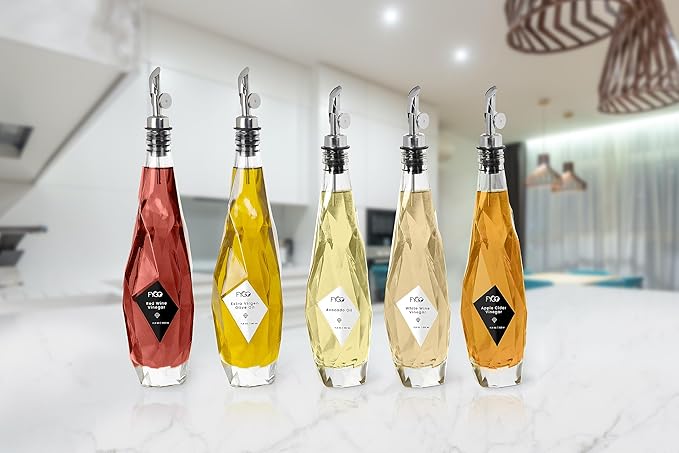 FYGO Diamond Lux Olive Oil Bottle Dispenser - Olive Oil Container- Oil and Vinegar Dispenser Set with Pourer and Funnel - Glass Olive Oil Dispenser Bottle for Kitchen - 350ml - Set of 2