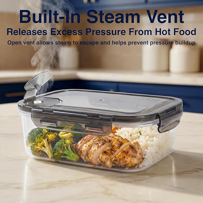 Compartmentalized Plastic Airtight Food Storage Containers with Vented Lids, 3-Compartment Design, BPA-Free, 5-Pack (5.5 Cups Each) for Meal Prep and Portion Control