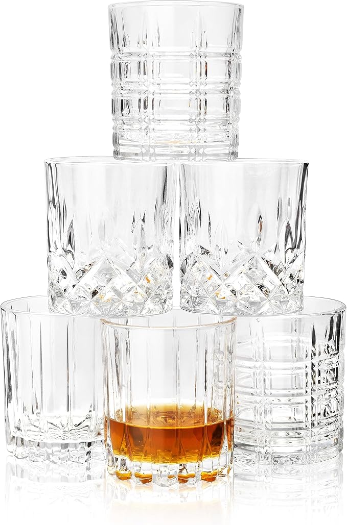 KANARS Crystal Whiskey Glasses, Mixed 10 Oz Scotch Glasses Set of 6, Rock Bar Tumblers 3 Patterns in Luxury Gift Box for Birthday, Anniversary, Housewarming, Father's Day and Wedding