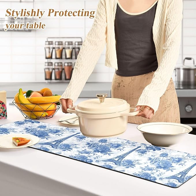 Blue Roses and Eiffel Tower Trivet Table Runner Heat Resistant 230F for Hot Dishes Pots Plates Kitchen Dining Table Protector Decorative 39.37 X 11.8 Inch