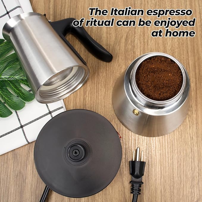 Electric Stainless Steel Moka Pot 6 Cup 300ml Mocha Pot Espresso Maker with Detachable Base Ideal Coffee Maker for Home Italian and Cuban Café Coffeemaker Espressomaker Coffee Pot