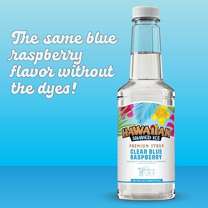 Hawaiian Shaved Ice Clear Blue Raspberry Syrup - Nut Soy Dairy & Dye Free - Flavor Fluffy & Crunchy Snow Cones - Shelf Stable - Makes 8 Servings - 16 ounces