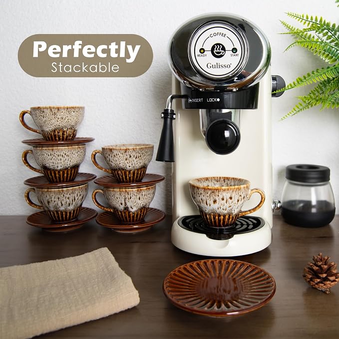 4 oz Espresso Cups Set of 6, Ceramic Cappuccino Cups with Saucers, Stackable Coffee Cup for Macchiato, Double shot, Tea, Coffee Lover Gifts, Glazed White