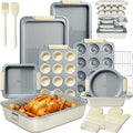 Kikcoin 25 PCS Stackable Baking Pans Set, Non-stick Bakeware Sets with Silicone Handles, 450°F Oven Safe Cookie Sheets for Baking, Easy Release Heavy-duty Baking Sheets Non Stick, Cream