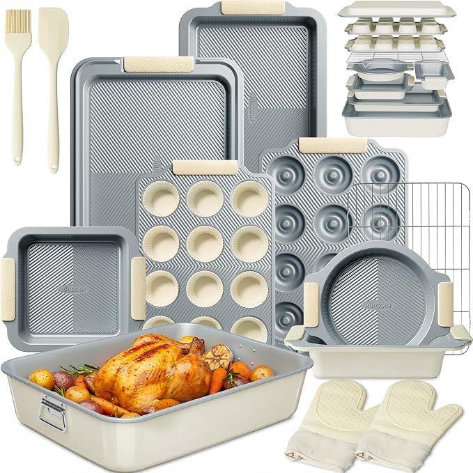 Kikcoin 25 PCS Stackable Baking Pans Set, Non-stick Bakeware Sets with Silicone Handles, 450°F Oven Safe Cookie Sheets for Baking, Easy Release Heavy-duty Baking Sheets Non Stick, Cream