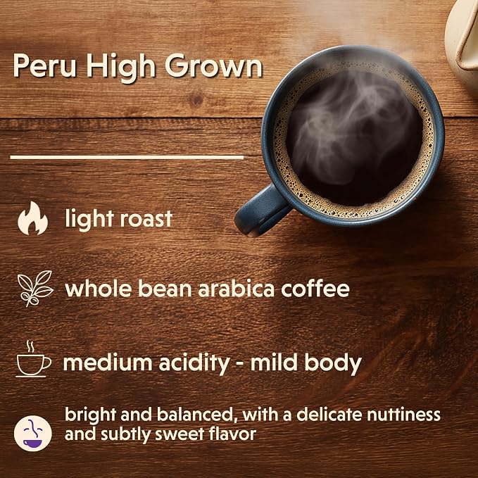 Coffee Bean Direct Peru High Grown, Whole Bean Coffee, Arabica, Light Roast, 5lb Bag