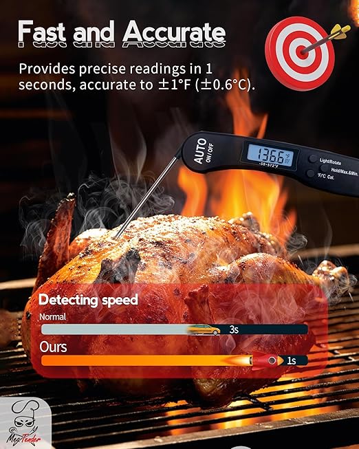 Instant Read Meat Thermometer, 1.2s Fast Read, ±1°F Accuracy, -58°F to 572°F, 4.4" Foldable Probe, 0 °C Calibration, Min/Max (Session), Auto-Rotating Backlit Display, °F/°C, Magnetic Back, Auto-Off