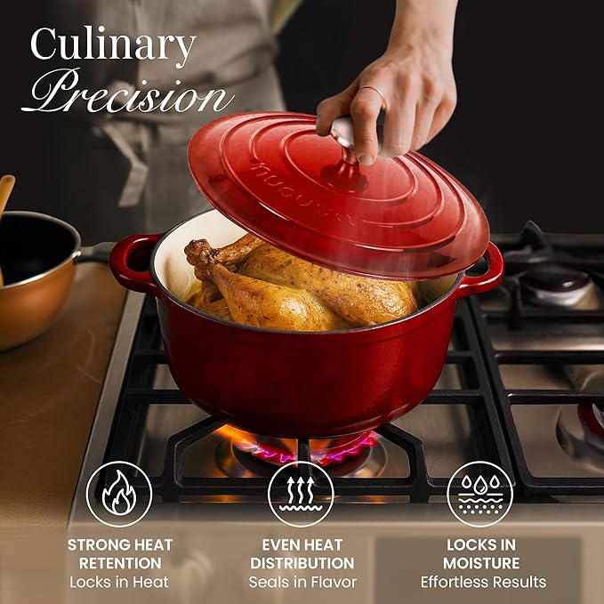 Cast Iron Dutch Oven with Lid-Non-Stick Ovenproof Enamelled Casserole Pot- Sturdy Dutch Oven Cookware - Red, 3.1- Quart, 22cm- by Nuovva