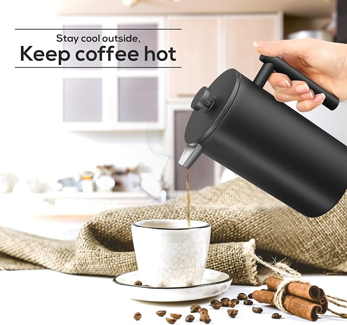 Utopia Kitchen 304 Grade Stainless Steel French Press Coffee Maker 12 Oz, Double Wall Insulated Coffee Press with 4-Level Filtration system, Include 2 Extra Filters, Rust-Free, Black