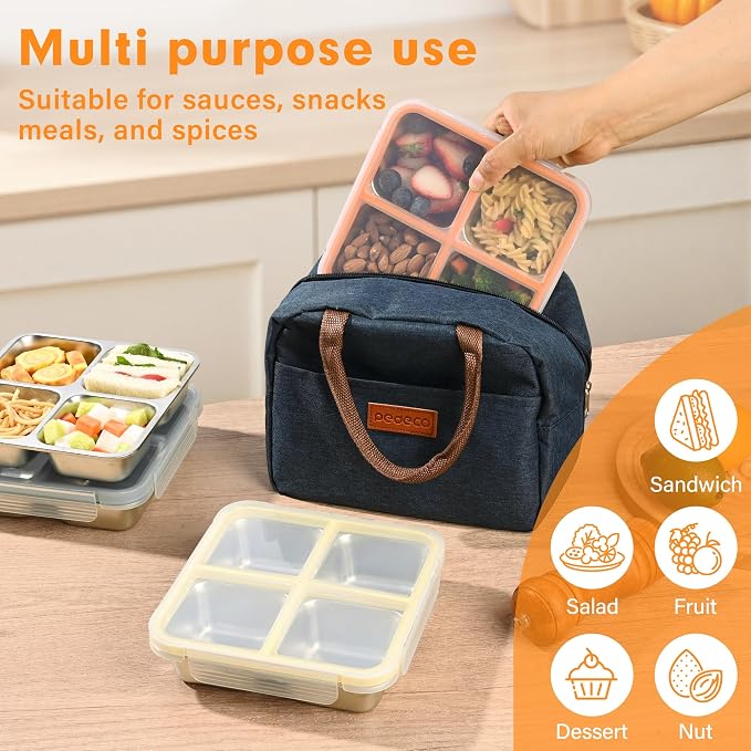 2 Pack Stainless Steel Snack Containers with Lids, Leakproof 4 Compartment Bento Lunch Boxes, Reusable Metal Meal Prep Food Storage Containers, Dishwasher Safe for Work, Travel, Picnic