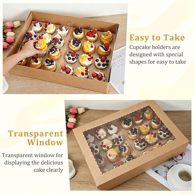 24 Count Cupcake Boxes, 4 Pack White Cupcake Containers with Windows and Inserts, Disposable Cupcake Carriers for Muffins, Treats, Pastries, 19 x 14 x 3.9 Inches (Brown, 24Count /4Pcs)