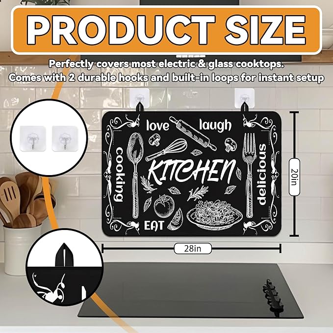 Decorative Stove Top Covers for Electric Stove 28"x20" – Heat Resistant Glass Cooktop Protector Dish Drying Mat – Non-Slip Rubber Backing Washer Top Cover Waterproof Extra Counter Space (Kitchen 1)